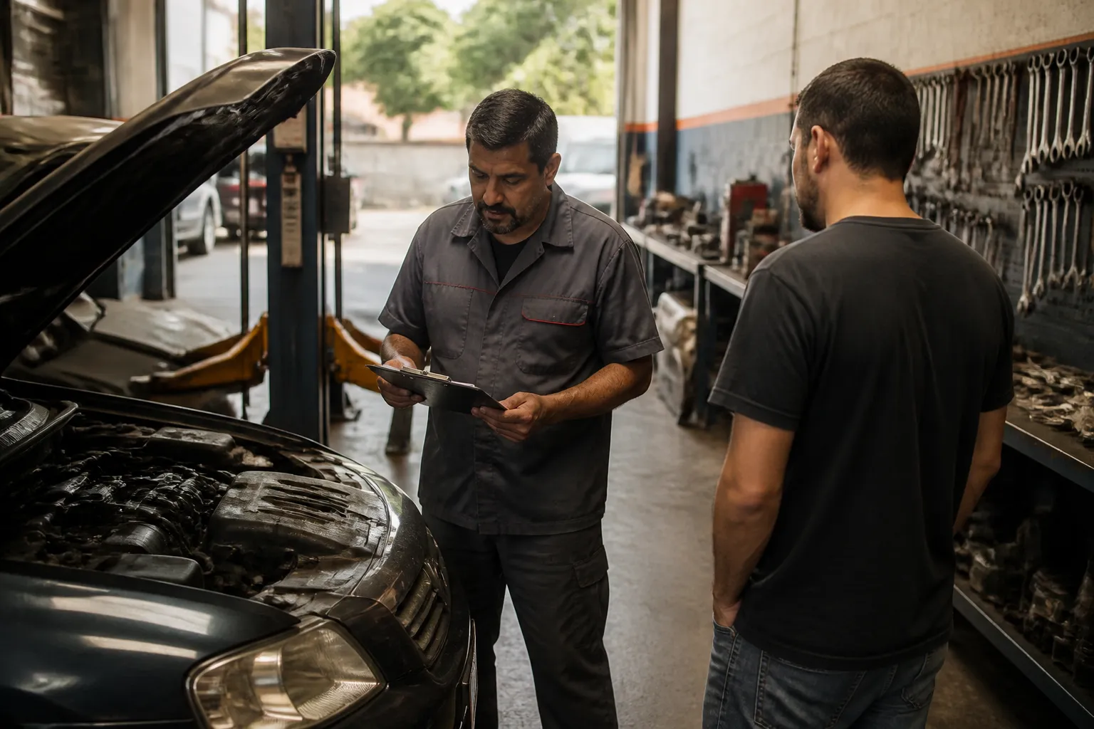 Mecânico conferindo um checklist de documentos ao lado de um carro no box da oficina